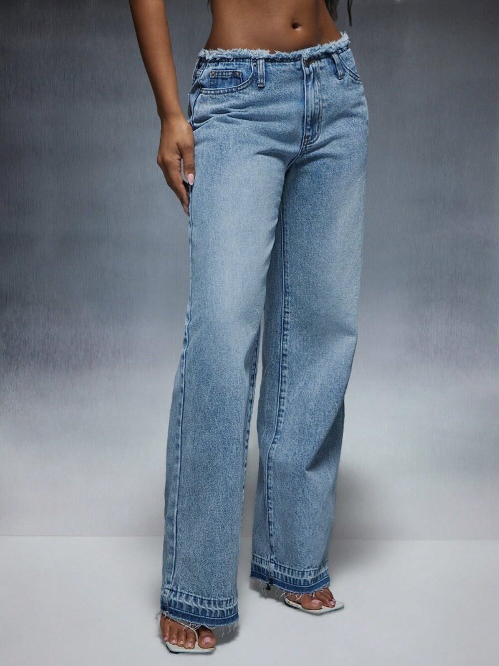 Medium Wash Casual Women's Zipper Fly Low Rise Raw Edge Straight Leg Baggy Jeans